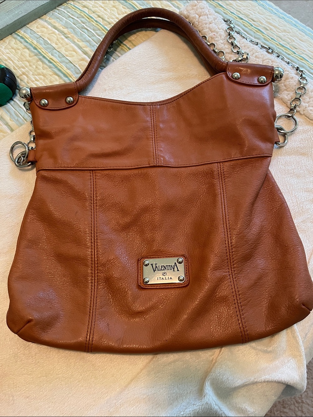Valentina Leather Shoulder Bag in Cognac Brown with Silver Chain